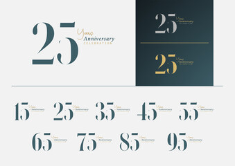 Set of anniversary logotype with minimalism gold, silver and blue color style for celebration event. Vector Template Design Illustration.