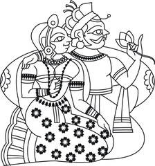 King and queen in royal palace were drawn in Indian folk art, Kalamkari style. for textile printing, logo, wallpaper