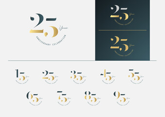 Set of anniversary logotype with minimalism gold, silver and blue color style for celebration event. Vector Template Design Illustration.