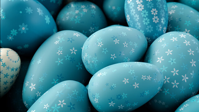Multicolored, Easter Egg background. Beautiful Blue, and White Eggs with Floral patterns. 3D Render