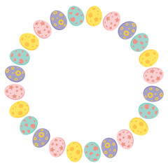 Easter egg circle frame in pastel colors. Holiday round border for greeting card design with text space. Vector illustration isolated on white background.
