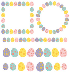 Easter egg frame and divider collection. Set of empty holiday borders in pastel colors. Vector illustration isolated on white background. Contains circle , square,rectangle and line design.