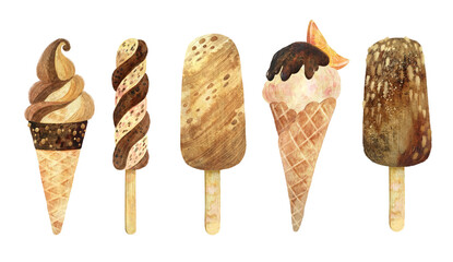 Ice cream watercolor clipart set. Premium frozen Desserts. Food hand drawn illustration.
