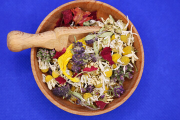 Various kinds of herbal tea. Natural herbs medicine. Top view. Herbal harvest collection and...