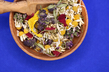 Various kinds of herbal tea. Natural herbs medicine. Top view. Herbal harvest collection and...