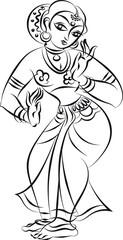 Fototapeta na wymiar Lord's Gopika, Sevika, or lady servants have drawn in Indian folk art, Kalamkari style. for textile printing, logo, wallpaper