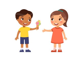 Little boy gives the girl an ice cream. Child friendship psychology. Cartoon characters, Flat vector illustration.