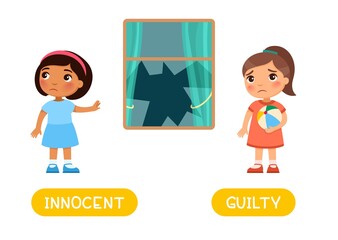 Opposites concept INNOCENT and GUILTY. Word card for English language learning. Flashcard with antonyms