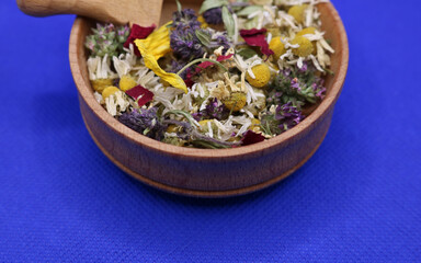 Various kinds of herbal tea. Natural herbs medicine. Top view. Herbal harvest collection and...