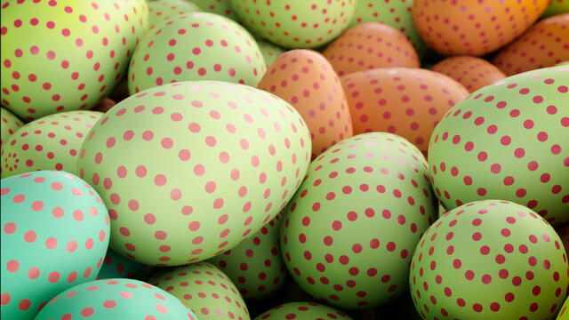 Multicolored, Easter Egg background. Beautiful Green, Orange and Red Eggs with Polka Dot patterns. 3D Render
