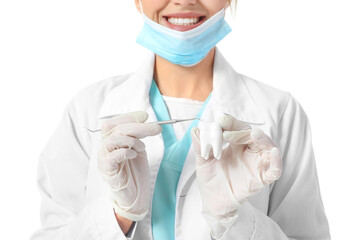 Female dentist on white background, closeup