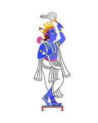 Lord Krishna Indian God of love. in Madhuni painting style on wall, Jaipur, Rajasthan