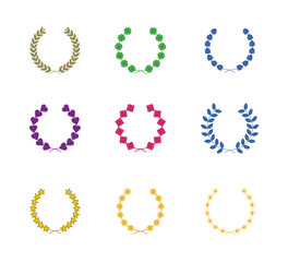 Different wreath colored icon set. Circular and one award, heraldry wreath. Collection of wreaths depicting success, victory, crown, winner, ornate, vector icon illustration.