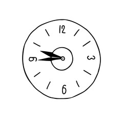 Vector outline illustration of a black round glass alarm clock is on a white wall background