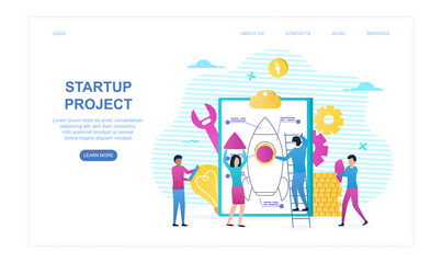 Obraz na płótnie Canvas Male and female characters are starting a new project together. Concept of startup and business development. Website, web page, landing page template. Flat cartoon vector illustration