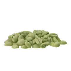 Heap of green coffee beans on white background