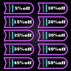 Discount coupons neon sign, modern design, light banner, colorful trend of modern design on black background. Vector illustration.