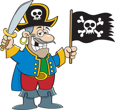 Cartoon illustration of a smiling pirate holding a sword and a pirate flag.