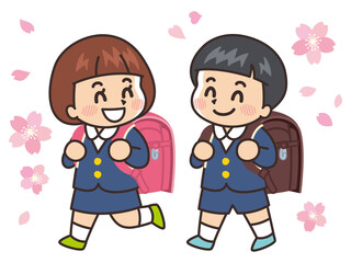 桜と小学生　ランドセル　入学