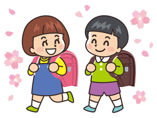 桜と小学生　ランドセル　入学