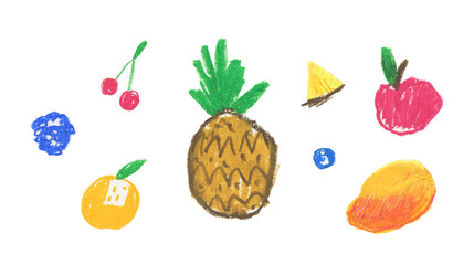 Set of illustrations with fruit drawn with wax crayons in children's style.Pineapple, cherry, blackberry, plum, mango, apple hand drawn with colored pencils.Designs for postcards,social media,posters.