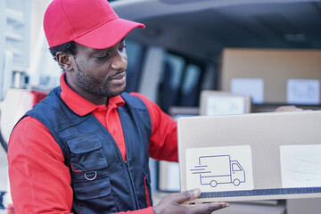 African courier man taking package out of delivery truck