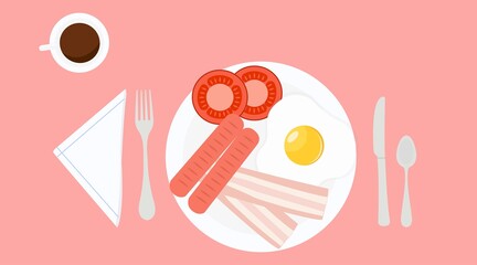 Breakfast illustration with fried egg, sausage, tomato slices and bacon.