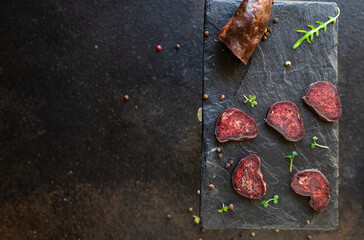 horse meat mahan dry-cured sausage or beef snack healthy meal top view copy space for text food...