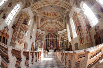 Obraz premium VAL DI FUNES, ITALY - SEPTEMBER 23, 2017: Internal wide view of the St. Peter church in Val di Funes, the main church in the valley