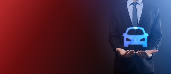 Digital composite of Man holding car icon.Car automobile insurance and car services concept....