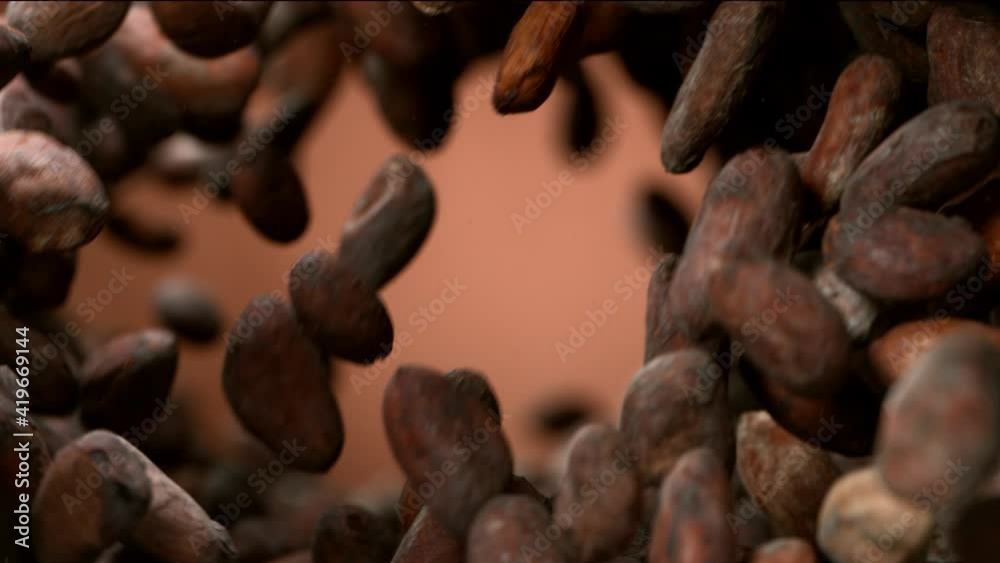 Poster super slow motion of flying roasted cocoa beans in rotation movement. filmed on high speed cinema ca