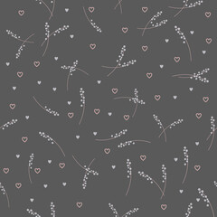 white flower stems and hearts falling seamless pattern with grey background. Vector illustration
