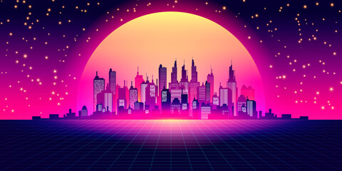 Sci-fi Vector Background, Night City Skyline in the Style of Retro Waves, Synth 80s Design. Futuristic Vector Illustration Geometric Style, Tropical Night Retro 80s Fashion Sci-Fi Background Landscape