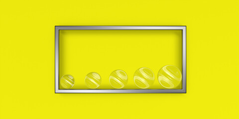 Abstract scene of a metal frame and glass spheres on a yellow background. 3d rendering