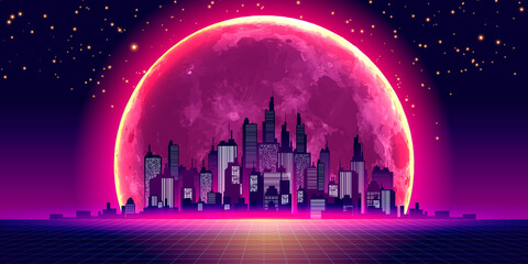 Retro City Skyline in 80s Style. Neon Glowing Moon and Starry Sky. Synthwave, Retrowave, Vaporwave, Background. Futuristic Vector Illustration Geometric Style.