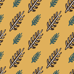 Organic autumn tones seamless pattern wirh turquoise and maroon leaf branches. Beige background. Fall backdrop.