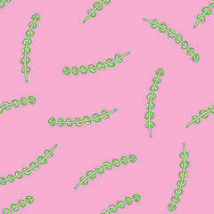 Seamless abstract botanic sea pattern with seaweed simple print. Pink background. Green aqua silhouettes.
