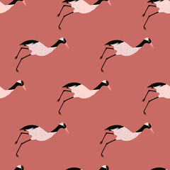 Obraz premium Simple minimalistic style seamless pattern with crane bird elements. Vintage japan animal print. Doodle artwork.