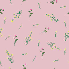 Wild flower clover and gorse seamless repeating pattern with lemonade pink background. Vector illustration