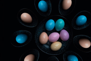 Fototapeta na wymiar Top view pastel colored Easter eggs in a dark granite plate against Black background.