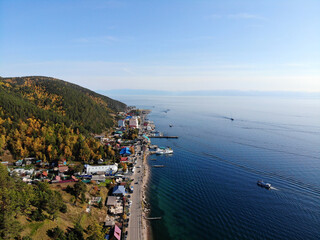 Lake Baikal in autumn. Listvyanka village, aerial view
