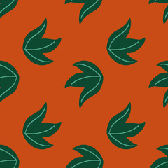 Obraz premium Nature seamless pattern with contoured green foliage silhouettes print. Orange dark background.