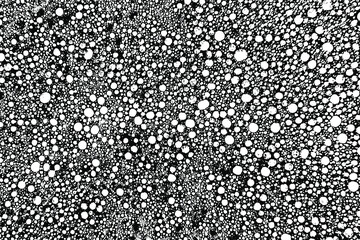 Grunge texture of a porous foam surface. Monochrome background of chaotic bubbles, spots, noise and graininess. Overlay template. Vector illustration