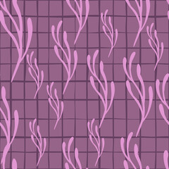 Abstract botanic flora seamless pattern with pink branches. Purple chequered background.