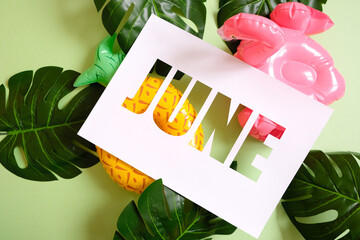 Exotic fruits made of paper on green background