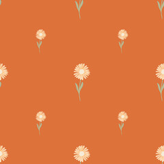 Minimalistic style seamless pattern with simple chrysanthemum flowers ornament. Orange background.