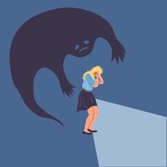 Cartoon flat woman character in paranoia fear.Afraid girl in panic,scary of dark shadow,bipolar disorder-psychological problems treatment and therapy,medical web online banner social concept