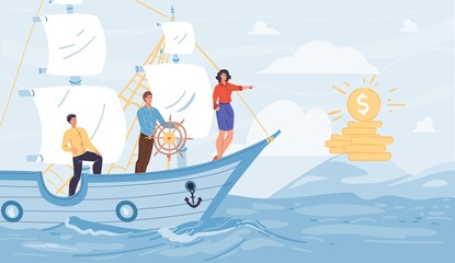 Vector cartoon flat characters sail on ship looking into distance on gold coins - new beginnings,opportunities,future vision,new business,profit searching,money investing concept