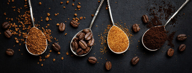 Coffee in different spoons on dark background