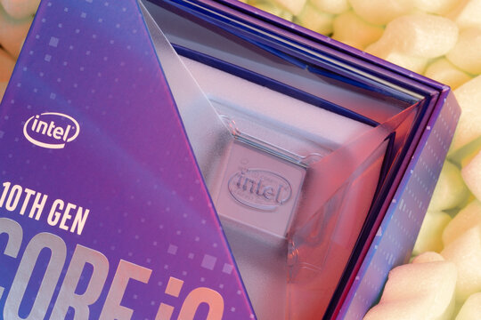 Prague, CZ-17 January 2021: Clode up Package Box Delivered of 10th Generation Intel Comet Lake-S 10 Core  i9 10900K CPU Processor for desktop in Packaging foam Peanuts . Illustrative Editorial